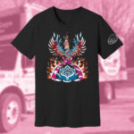 Black, short-sleeved shirt with a rising phoenix bird on it.