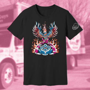 Black, short-sleeved shirt with a rising phoenix bird on it. 