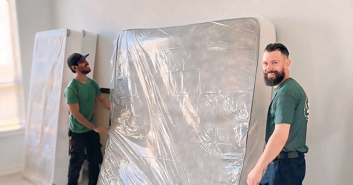 Little Guys Movers in San Antonio move a mattress wrapped in plastic wrap