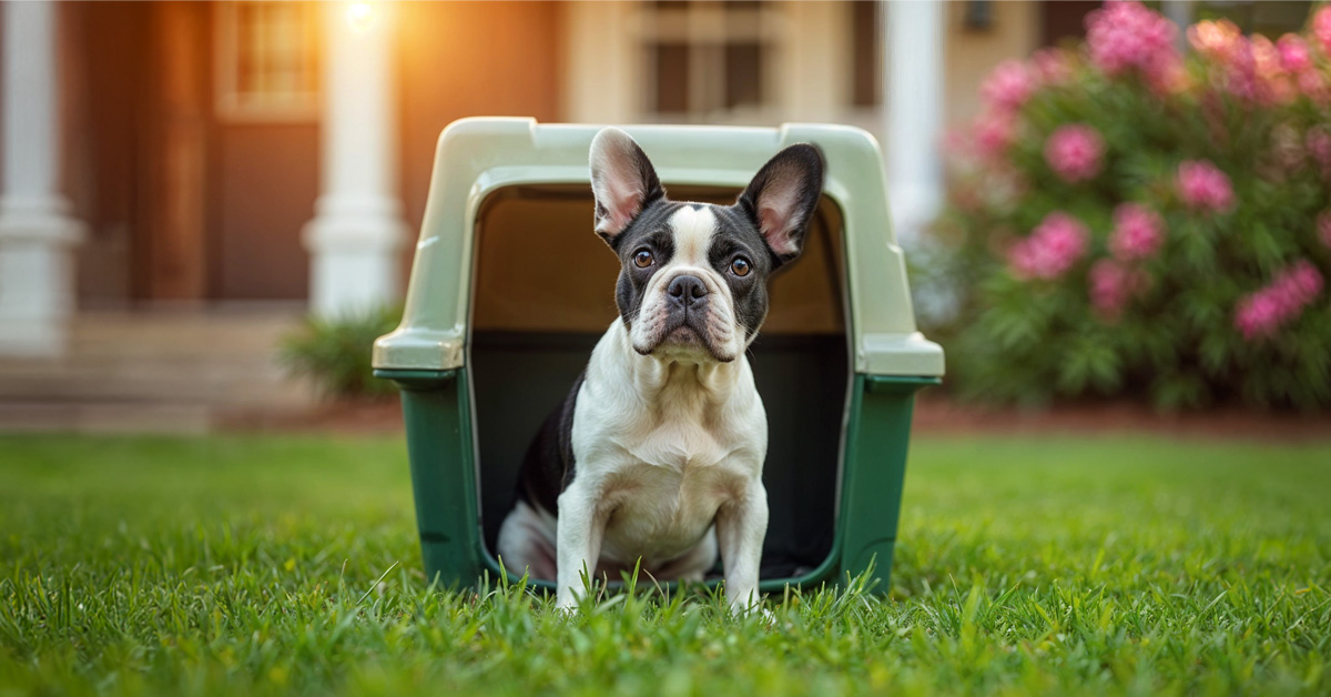 Pet dog in carrier crate