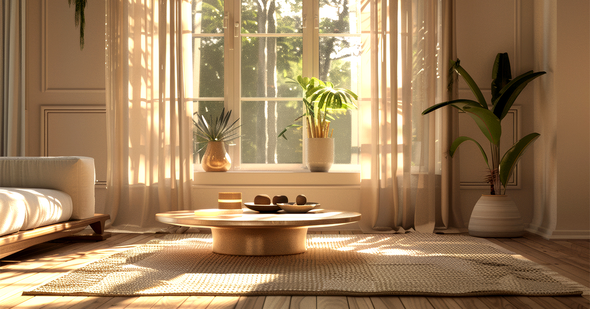 Round wooden coffee table in front of a sunny window.