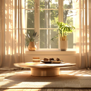 Round wooden coffee table in front of a sunny window.