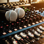 Two microphones resting on a sound board.